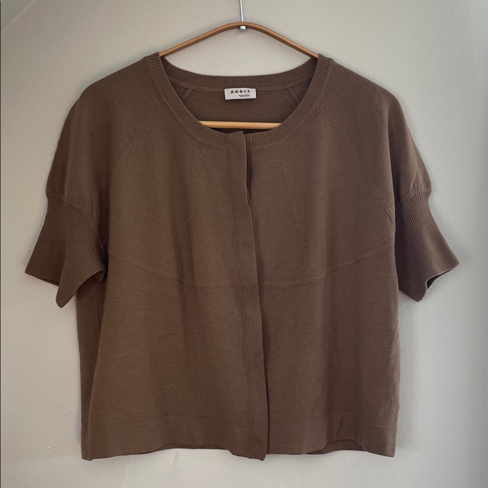 AKRIS Punto Light Wool Short Sleeve Cardigan Top Knit Button Down Women's M